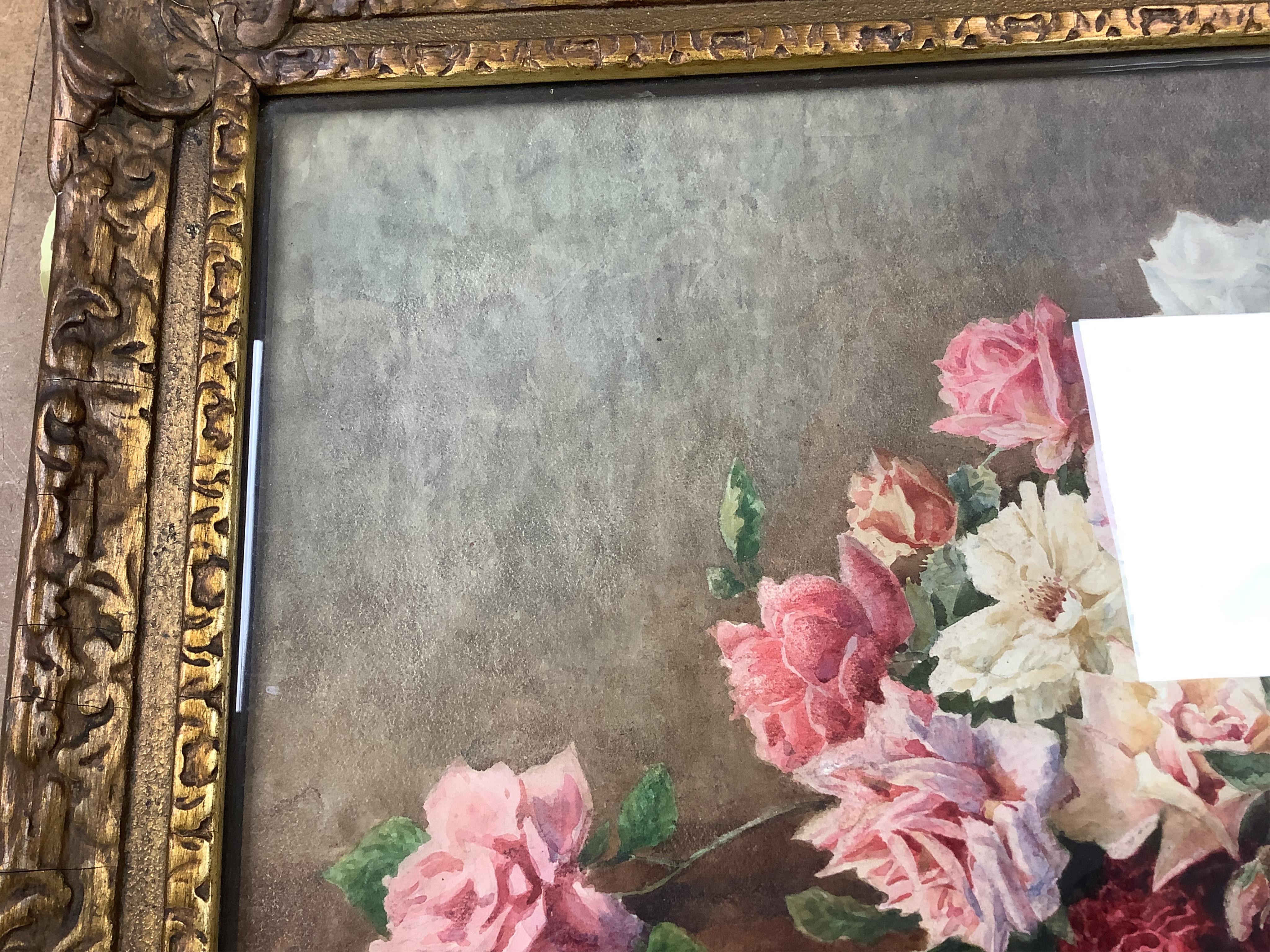 Evelyn Engleheart, Still life of flowers, signed, partial Army & Navy stores label verso, watercolour, 36 x 52cm